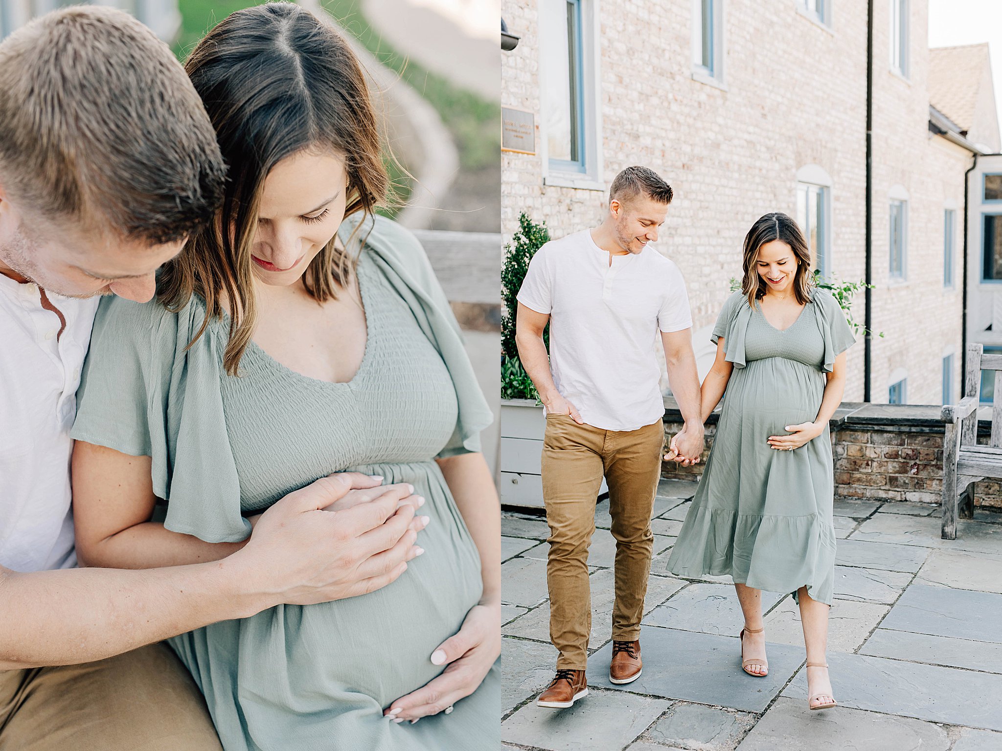 Dad touching mom's baby bump during maternity photos