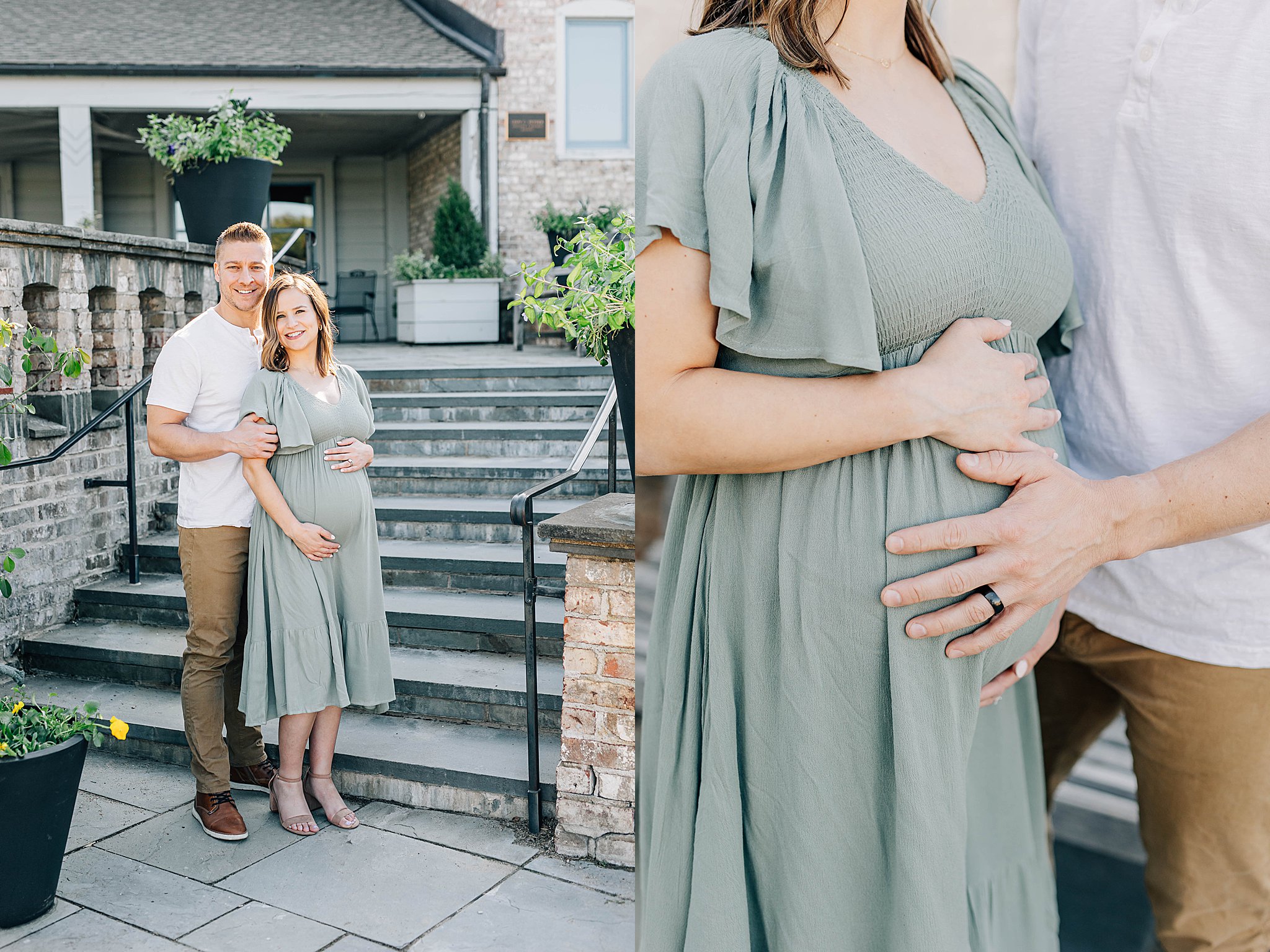 Mom and dad smiling and holding baby bump during maternity photos