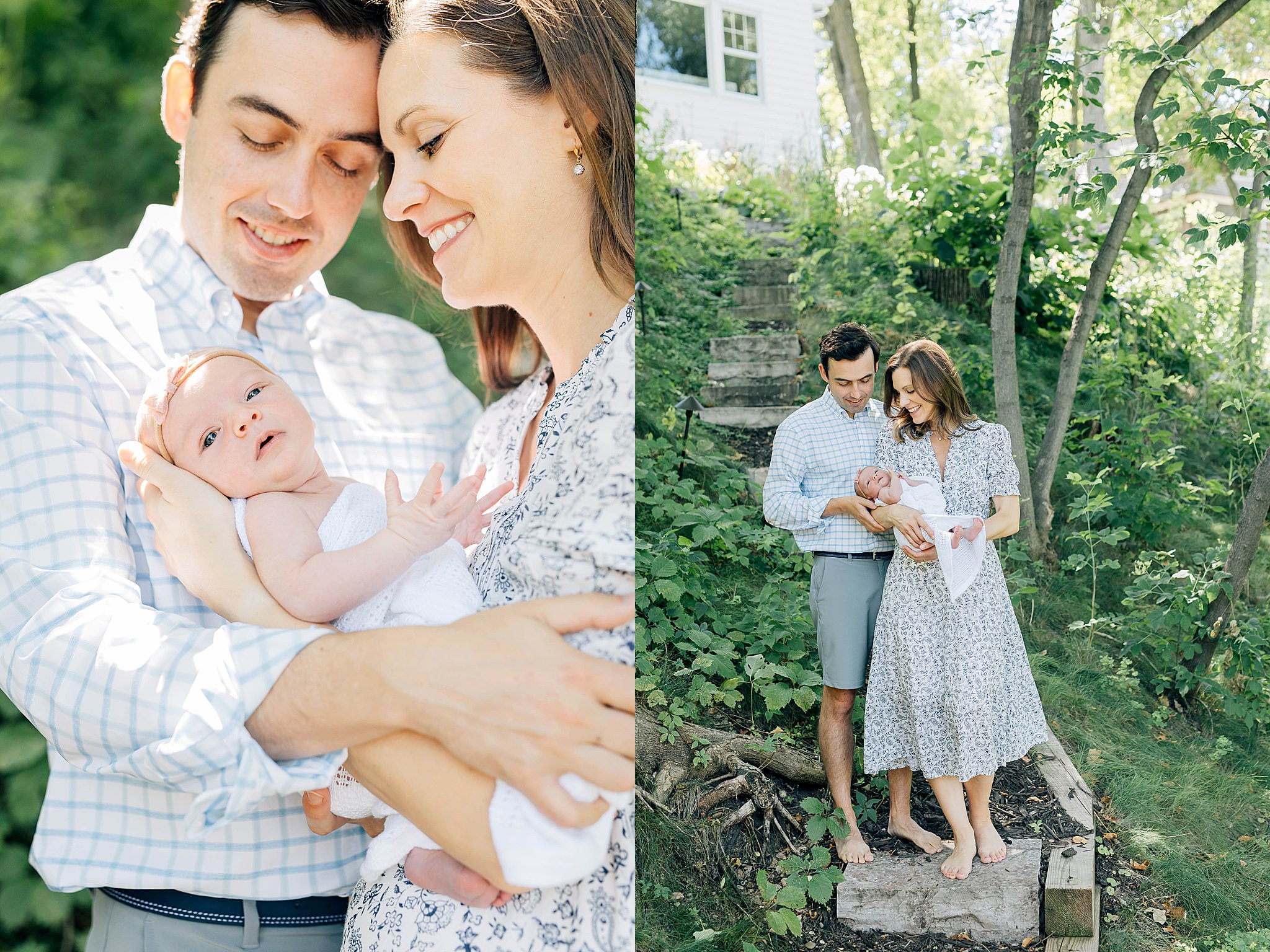 Outdoor newborn photos with momma and dad holding baby.