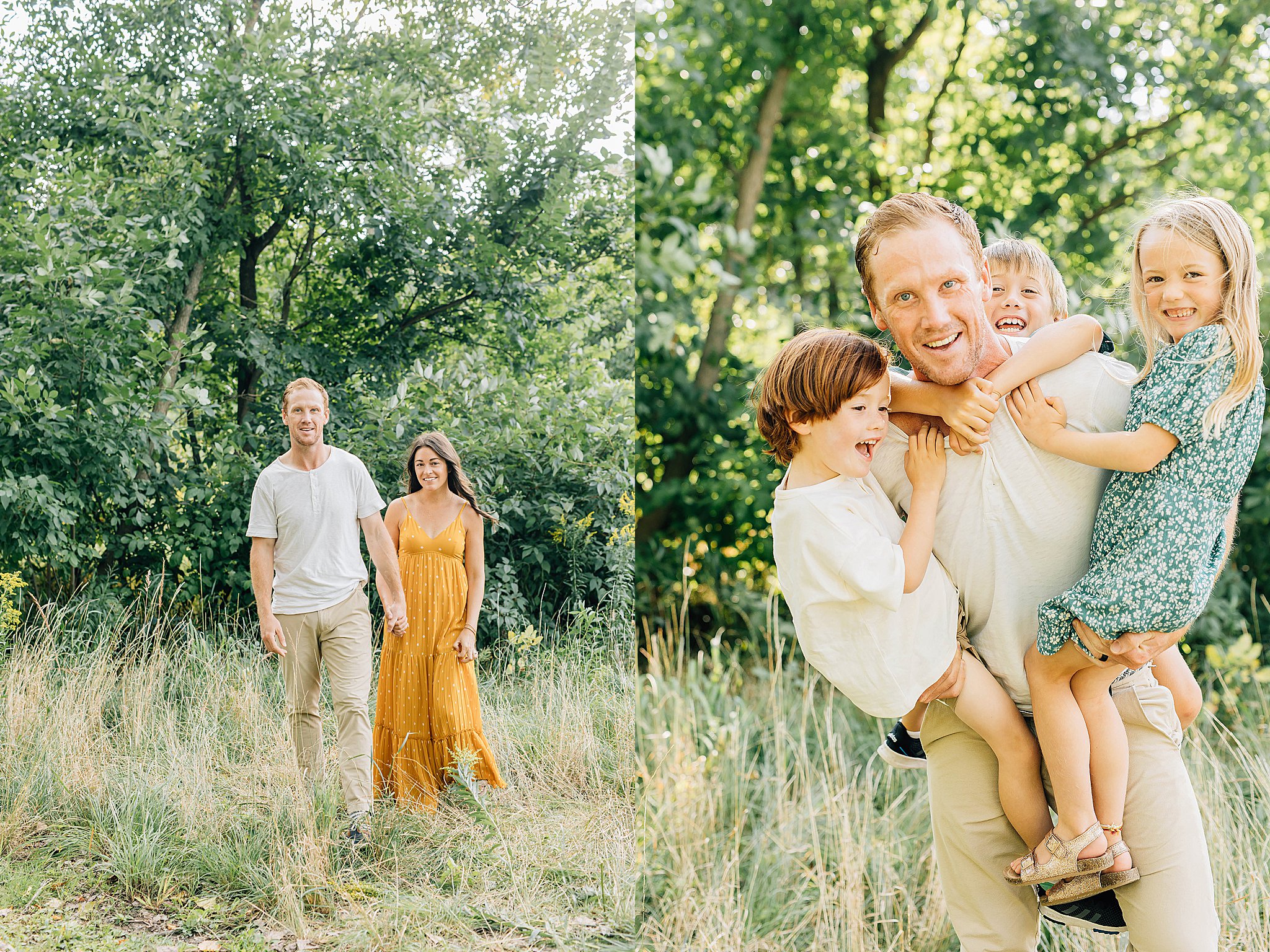 Dad carrying three kids during Edina summer family pictures.