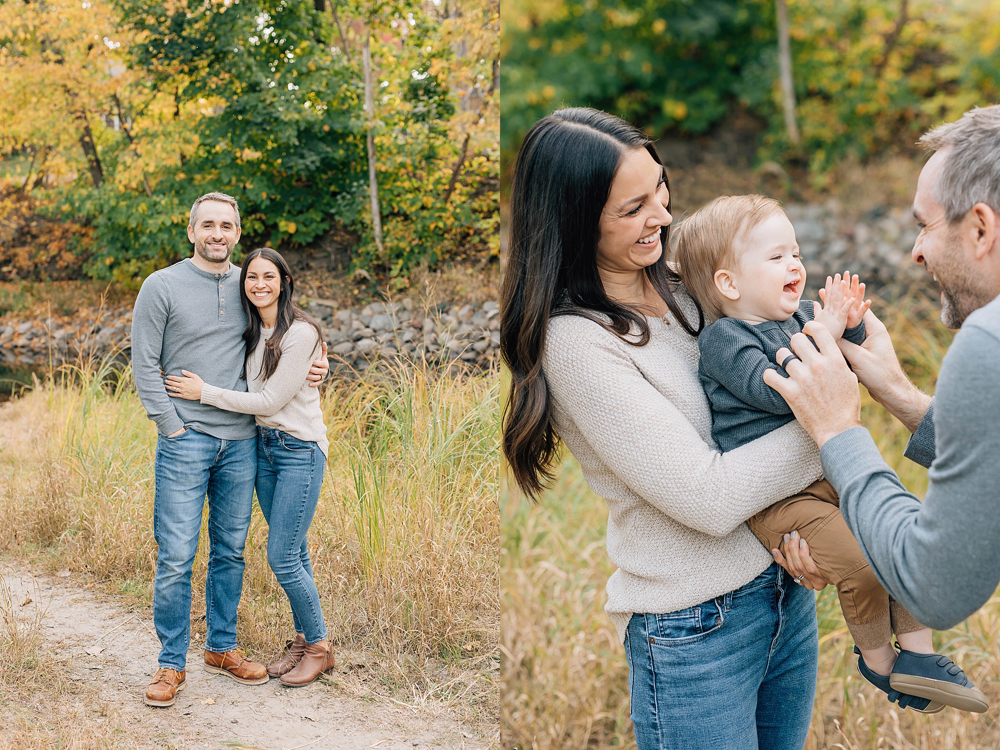 Dad, mom and baby smiling during Edina Fall Family Pictures.