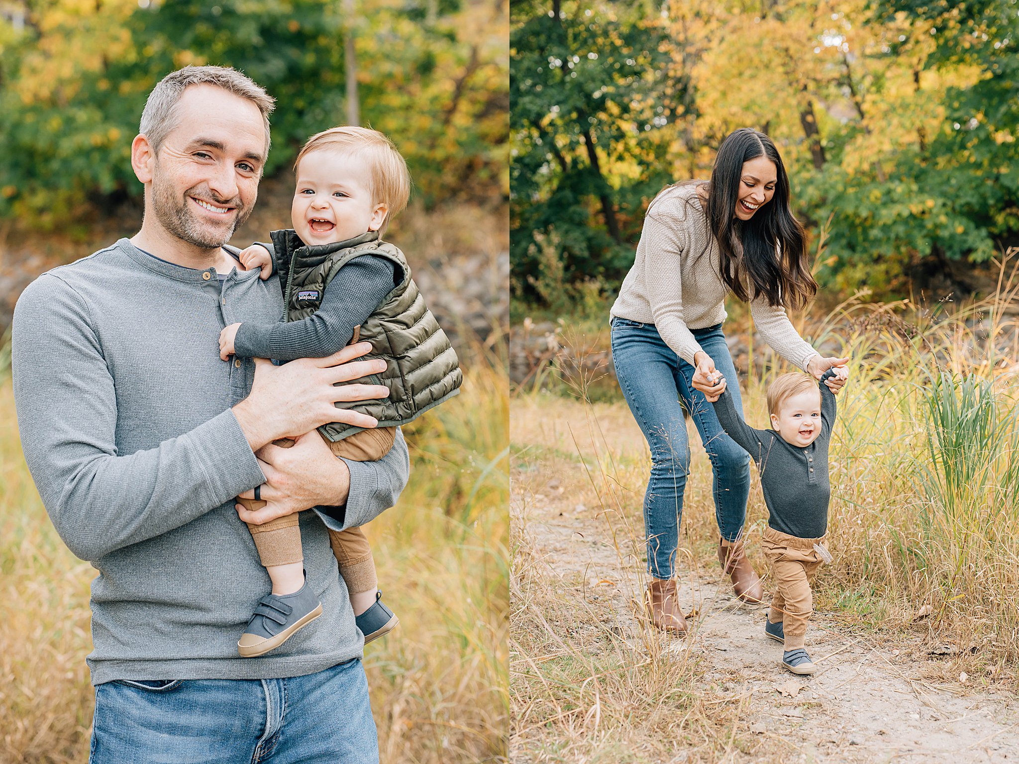 Dad, mom and baby playing during Edina Fall Family Pictures.