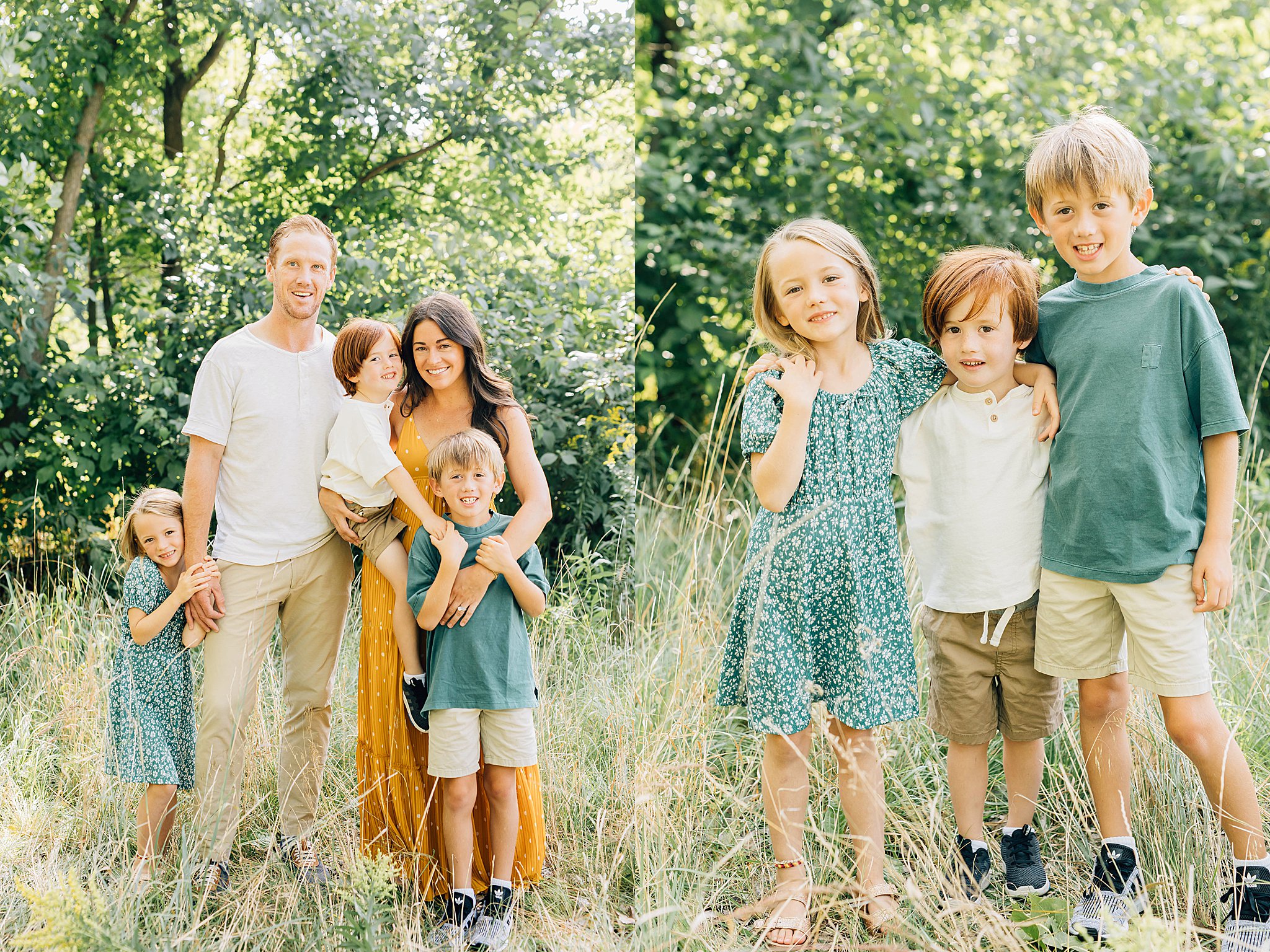 Mom, Dad and three kids smiling during Minnesota family summer pictures.