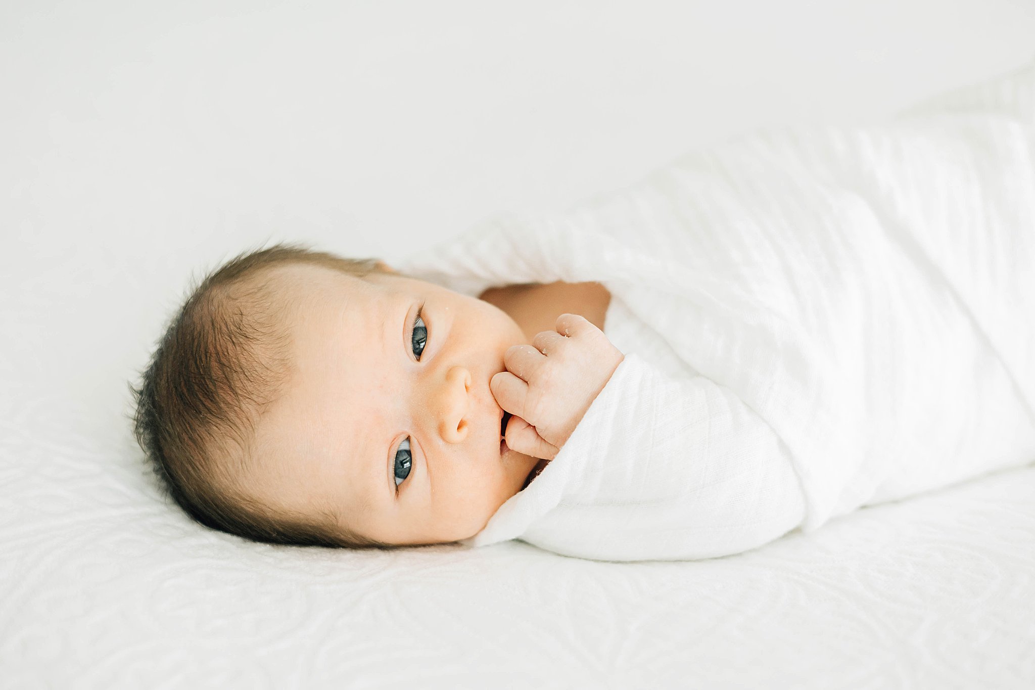 Baby looking at camera during family newborn pictures.